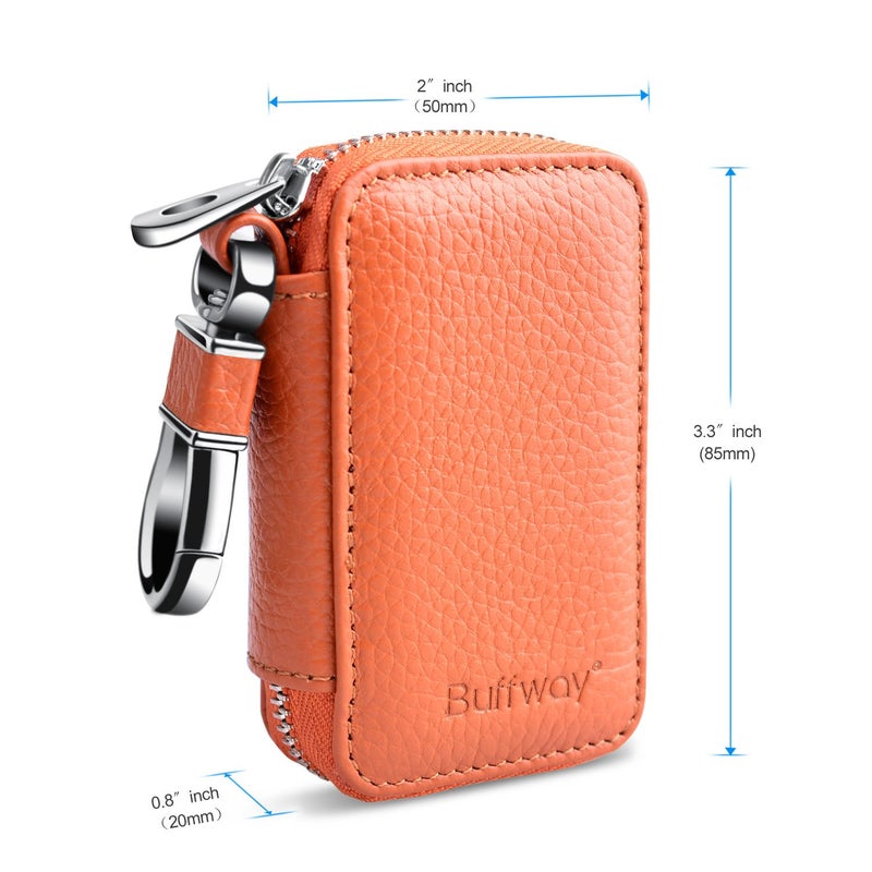Buffway Car keychain,Genuine Leather Car Key Chain Coin Holder Metal Hook and Keyring Wallet Zipper Bag for Vehicle Keyless Entry - Brown - Image 3